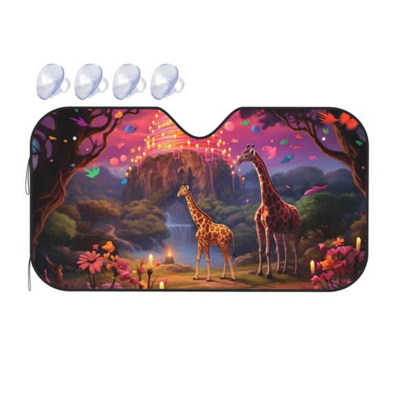 Fuzoiu Lantern Giraffes Magical Forest Print Car Windshield Sunshade,Foldable Reflective Sun Visor,Windshield Sun Shade,UV Rays Sun Visor Shade,Auto Front Sun Shield Shade-Small