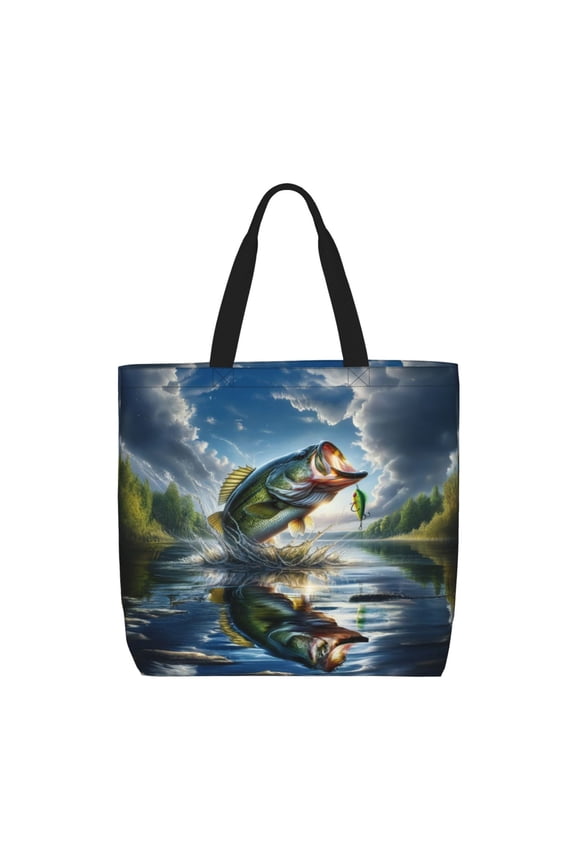Largemouth Bass Jumping Out of The Water Print Durable Tote Bag,Shoulder Bag with Zipper Closure,Casual Tote's Handbag,for Daily Use, Shopping, School, Work