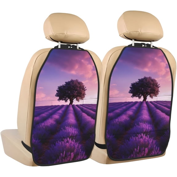 Fuzoiu Lavender Field Sunset Print 2 Pack Kick Mat Back Seat Protector With 3 Storage Pockets, Universal Car Seat Back Organizer For Kids Pets, Waterproof Backseat Protector For Most Car