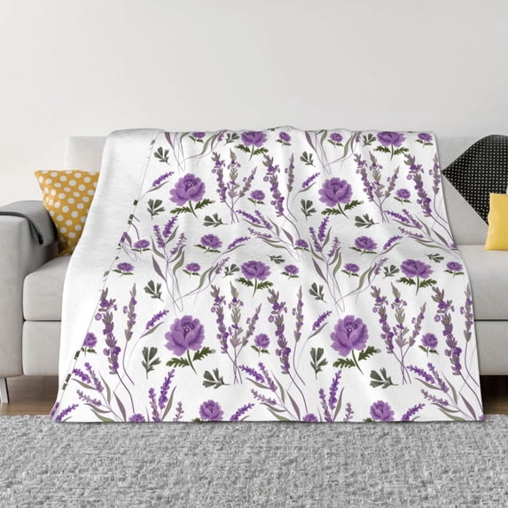 Fuzoiu Lavender Flowers Print Flannel Blanket,Throw Blanket,Flannel Home Decor,Fleece Bed Blankets,Cozy Soft Blanket for Bed, Sofa, Camping, and Travel-60"x50"