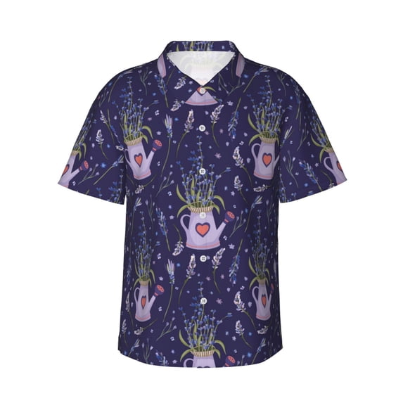 Fuzoiu Lavender Flowers Print Hawaiian Shirt for Men, Summer Beach Casual Short Sleeve Button Down Shirts, Men’s Beach Summer Shirts with Pocket,3X-Large