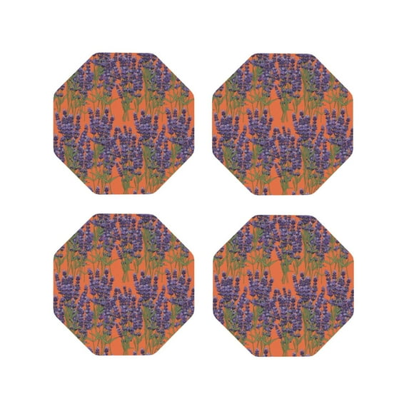 Fuzoiu Lavender Flowers Print Leather Coasters Set,Drink Coasters Set of 4,for Tabletop Protection, Durable PVC Coasters,Home Décor and Housewarming Gift-Octagon
