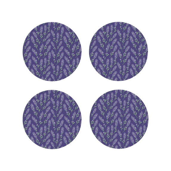 Fuzoiu Lavender Flowers Print Leather Coasters Set,Drink Coasters Set of 4,for Tabletop Protection, Durable PVC Coasters,Home Décor and Housewarming Gift-Round Shape