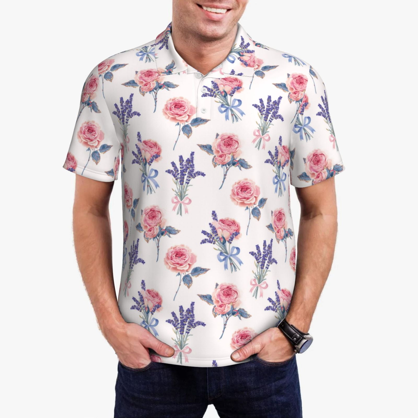Monochrome Rose Floral Men's Golf Shirts