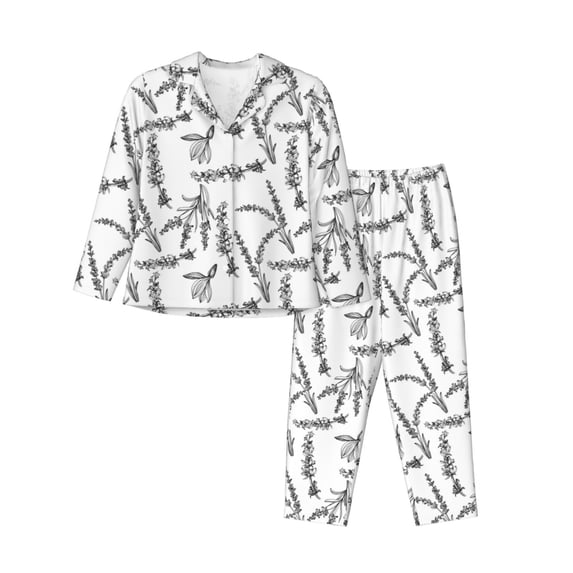 Fuzoiu Lavender Flowers Print Women's Long-Sleeved Pajama,Lounge Button Down Nightwear,Womens Notch Collar Pajama Set-Large