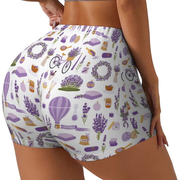 Fuzoiu Lavender Flowers Print Women's Workout Shorts,Workout Biker Shorts Women,Exercise Fitness Shorts,Scrunch Short, Athletic Shorts for Gym Yoga Running Sport Active-Large
