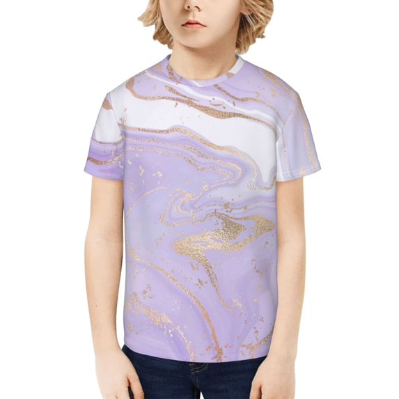 Fuzoiu Lavender Glitter Foil Stripes Print Boys' Casual T-Shirt,Crewneck Undershirts,Boys Athletic Shirt,Short Sleeve T-Shirts for Outdoor Play