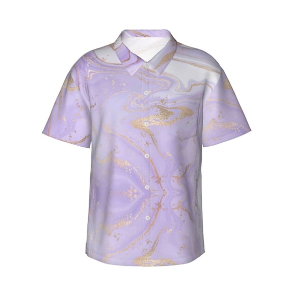 Fuzoiu Lavender Glitter Foil Stripes Print Hawaiian Shirt for Men, Summer Beach Casual Short Sleeve Button Down Shirts, Men’s Beach Summer Shirts with Pocket,XX-Large