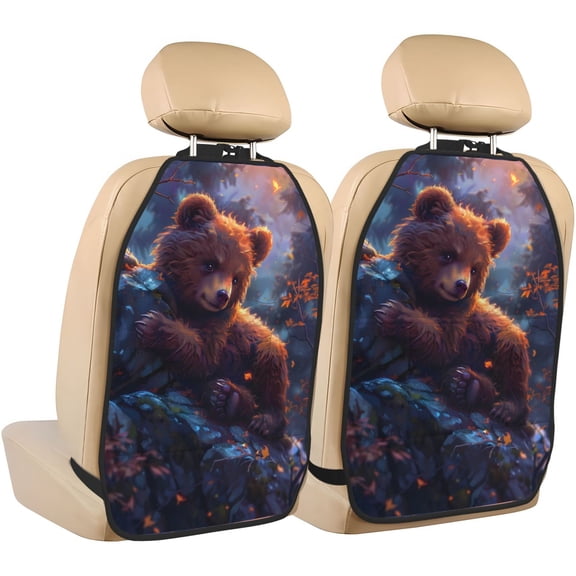 Fuzoiu Lazy Stone Bear Print 2 Pack Kick Mat Back Seat Protector With 3 Storage Pockets, Universal Car Seat Back Organizer For Kids Pets, Waterproof Backseat Protector For Most Car