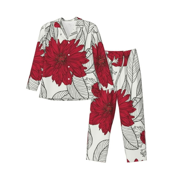 Fuzoiu Leaves And Anemone Print Men's Long-Sleeved Pajama,Lounge Button Down Nightwear,Mens Notch Collar Pajama Set -X-Large