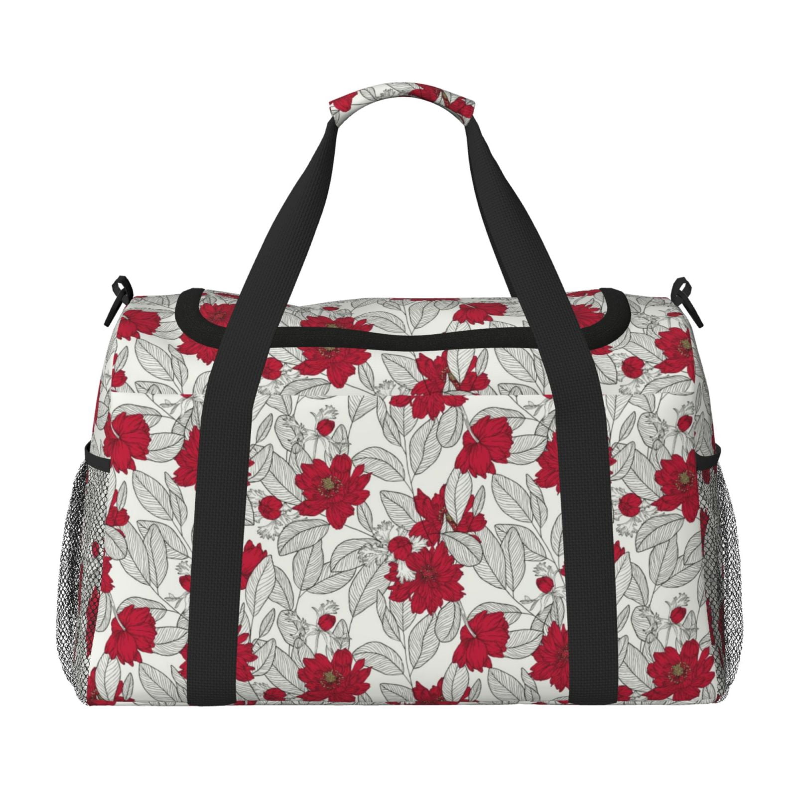 Fuzoiu Leaves And Anemone Flowers In Red Grey Print Travel Duffle Bag,Carry On Tote Bags,Duffel Bag,Sport Gym Bag, Hospital Bag for Labor and Delivery, Overnight Bag,Luggage Bag