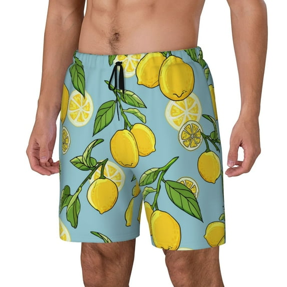 Fuzoiu Lemon Print Men's Swim Shorts,Quick-Dry Double-Layer Swim Trunks,Board Trunks,Beach Shorts Swimwear Bathing Suits-X-Large