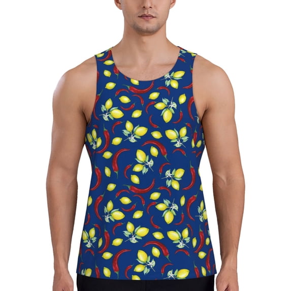 Fuzoiu Lemons And Chili Print Men's Workout Tank Tops,Sleeveless Gym Shirt Quick Dry,Fitness Bodybuilding T-Shirt,Muscle Athletic Workout Tee-