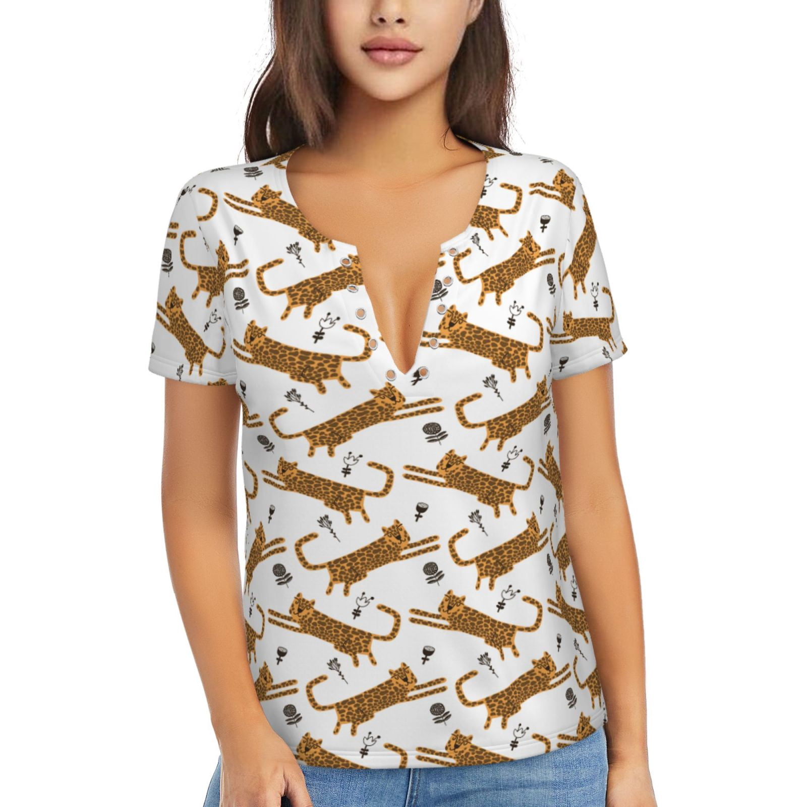 即日発送 FUGA leopard print v-neck T-shirt Fuzoiu Leopard Print Print Women's V-Neck T-Shirt,Women's Short