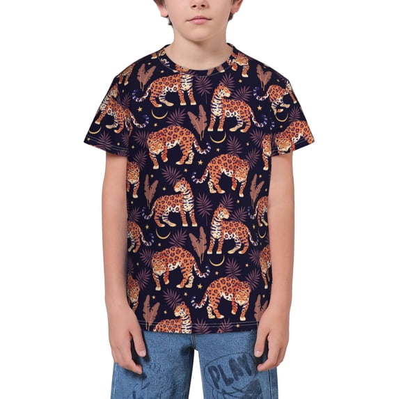Fuzoiu Leopard Print Print Youth Short Sleeve T-Shirt,Youth Dry-Fit Active Athletic T-Shirt,Short Sleeve Tops Tees for School, Sports, and Casual Wear