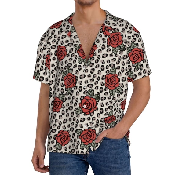 Fuzoiu Leopard Print Rose Print Men's Casual Short,Men's Short Sleeve Shirt,Mens Casual Button Down Shirts,Cuban Collar Summer Shirt for Beach, Vacation, and Outdoor Activities-Medium