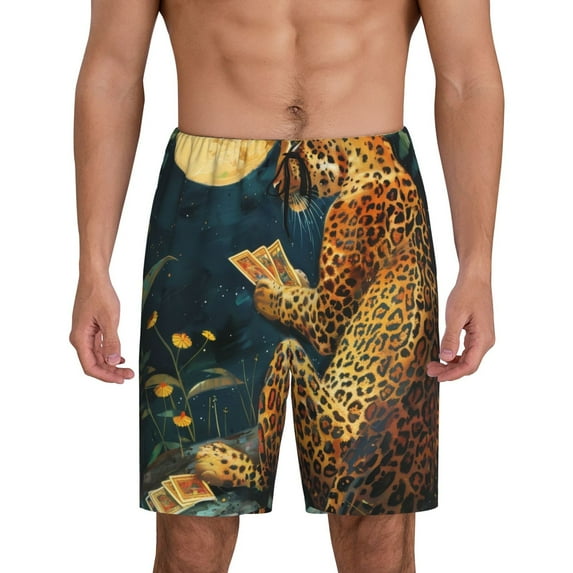 Fuzoiu Leopard Reading Tarot Cards Print Pajama Shorts for Men, Men's Pajama Bottoms,Mens Lounge Sleepwear,Pajama Pants with Pocket-X-Large