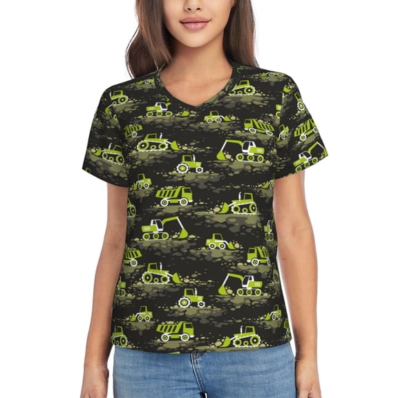Fuzoiu Light Green Excavator Print Women's Classic V-Neck T-Shirt, Short Sleeve V Neck Tees for Casual Everyday Wear,Casual Fit Tee,Summer Fashion Tops-Large