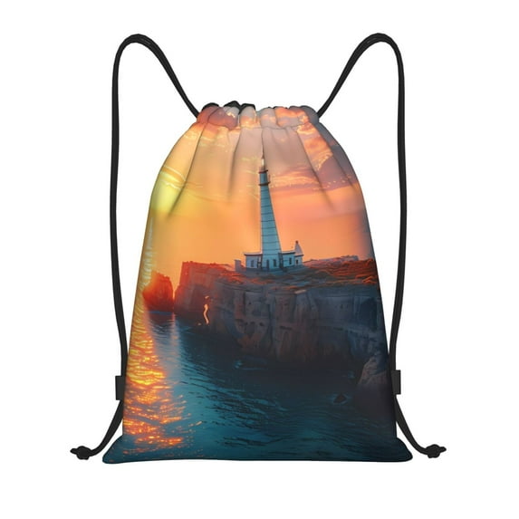 Fuzoiu Lighthouse At Sunset Coast Print Drawstring Backpack for Gym, Travel, Yoga,Sports Sackpack String Bag for Women Men-Medium