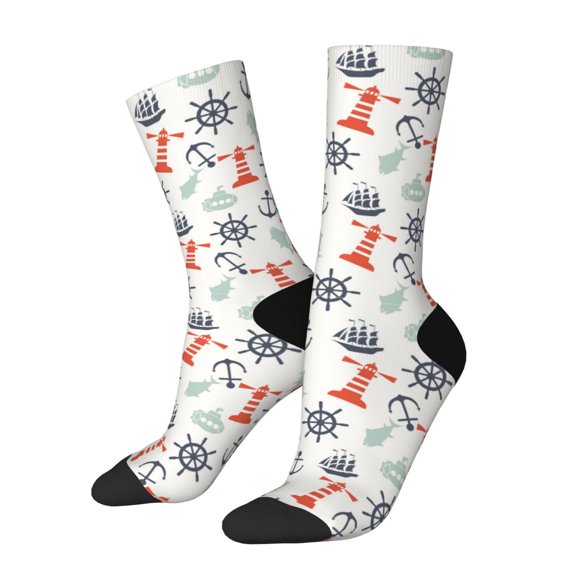 Fuzoiu Lighthouse Sailboat Print Athletic Crew Socks for Men & Women,Casual Crew Socks,Above Ankle Crew Socks for Business, Casual