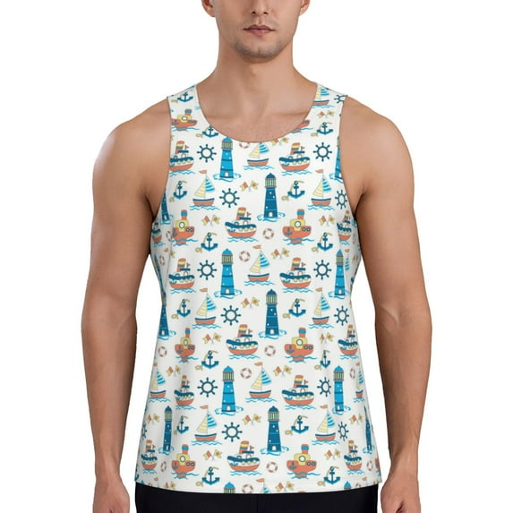 Fuzoiu Lighthouse And Sea Print Men's Workout Tank Tops,Sleeveless Gym Shirt Quick Dry,Fitness Bodybuilding T-Shirt,Muscle Athletic Workout Tee-4X-Large