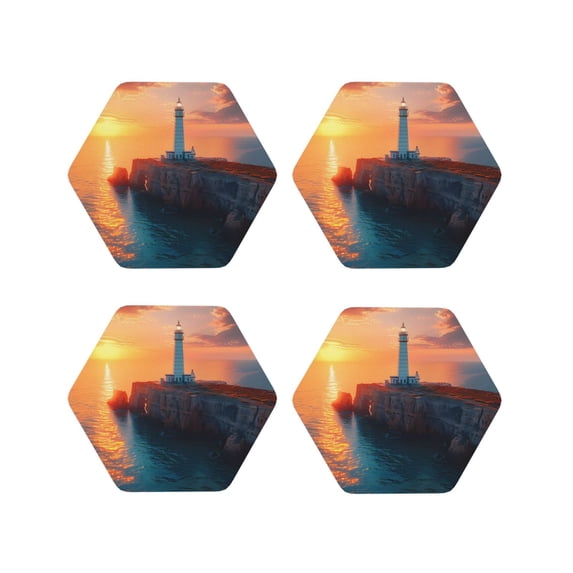 Fuzoiu Lighthouse At Sunset Coast Print Leather Coasters Set,Drink Coasters Set of 4,for Tabletop Protection, Durable PVC Coasters,Home Décor and Housewarming Gift-Hexagon
