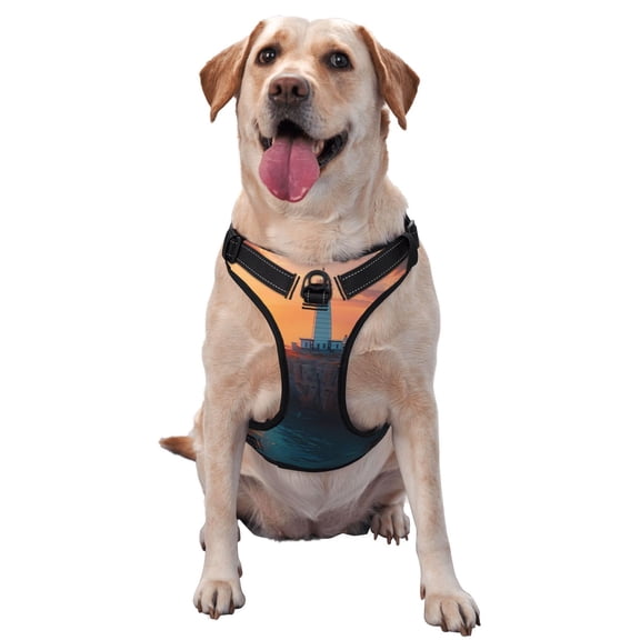 Fuzoiu Lighthouse At Sunset Coast Print Reflective Dog Harness,Adjustable, Breathable Pet Vest,Dog Harness No Pull,No Choke Pet Vest for Small, Medium, and Large Dogs-Large