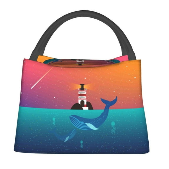Fuzoiu Lighthouse and Whale Print Portable Insulation Lunch Bag,Large Lunch Box,Container Reusable Leakproof Tote for Work, Travel, and Outdoor Activities