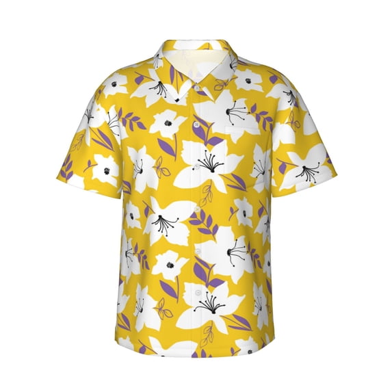 Fuzoiu Lilies Flowers Print Hawaiian Shirt for Men, Summer Beach Casual Short Sleeve Button Down Shirts, Men’s Beach Summer Shirts with Pocket,X-Large