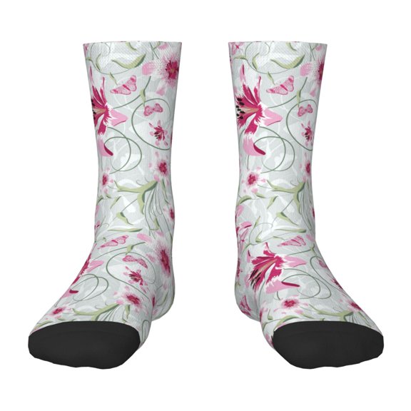 Fuzoiu Lilies Flowers Print Kids Socks For Boys Girls,Grip Crew Socks with Non Slip,Lightweight Stretch Crew Socks,Toddlers Crew Boot Socks