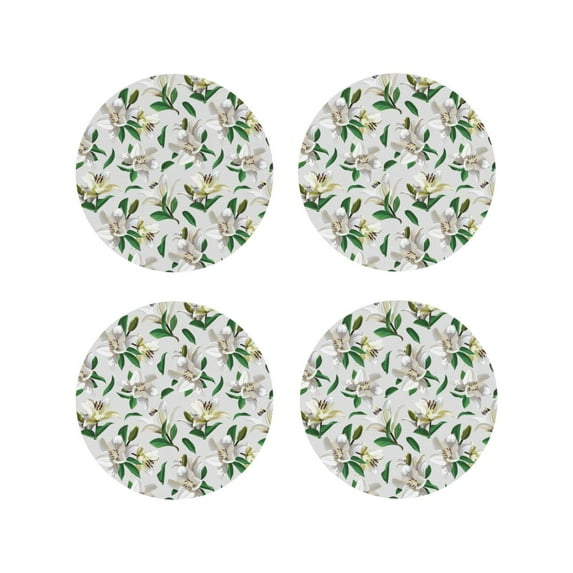 Fuzoiu Lilies Flowers Print Leather Coasters Set,Drink Coasters Set of 4,for Tabletop Protection, Durable PVC Coasters,Home Décor and Housewarming Gift-Round Shape