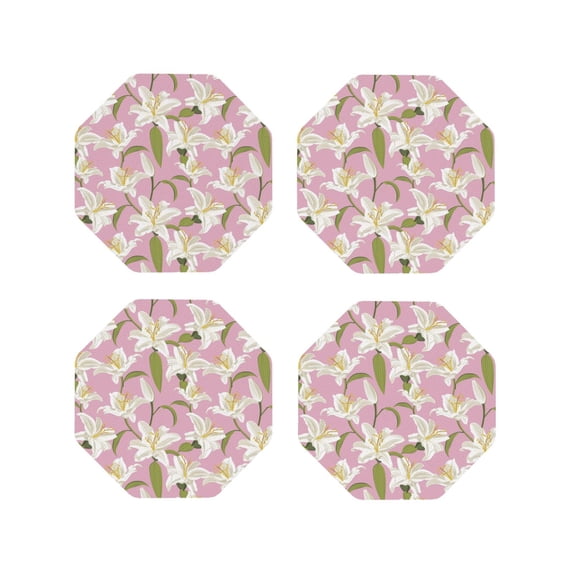 Fuzoiu Lilies Flowers Print Leather Coasters Set,Drink Coasters Set of 4,for Tabletop Protection, Durable PVC Coasters,Home Décor and Housewarming Gift-Octagon