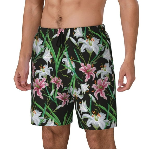 Fuzoiu Lilies Flowers Print Men's Swim Shorts,Quick-Dry Double-Layer Swim Trunks,Board Trunks,Beach Shorts Swimwear Bathing Suits-3X-Large