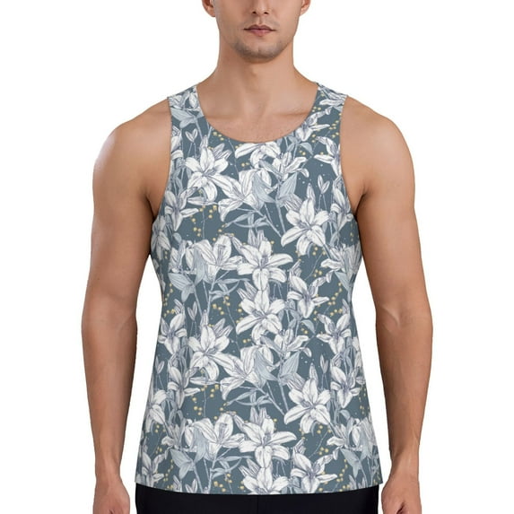 Fuzoiu Lilies Flowers Print Men's Workout Tank Tops,Sleeveless Gym Shirt Quick Dry,Fitness Bodybuilding T-Shirt,Muscle Athletic Workout Tee-3X-Large