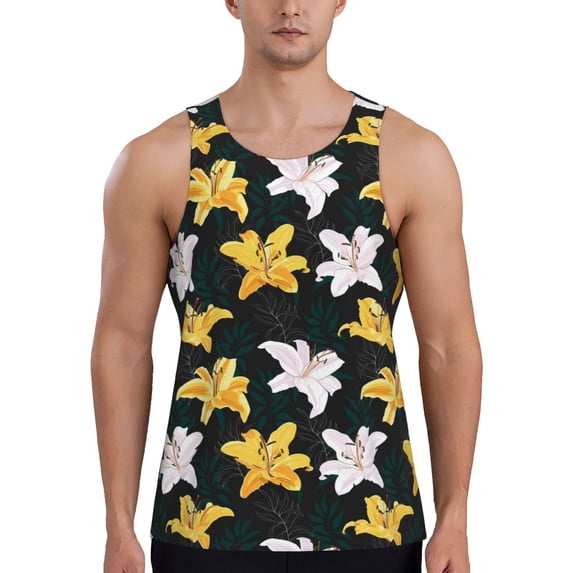 Fuzoiu Lilies Flowers Print Men's Workout Tank Tops,Sleeveless Gym Shirt Quick Dry,Fitness Bodybuilding T-Shirt,Muscle Athletic Workout Tee-Large
