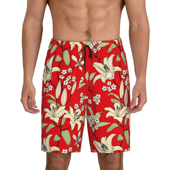 Fuzoiu Lilies Flowers Print Pajama Shorts for Men, Men's Pajama Bottoms,Mens Lounge Sleepwear,Pajama Pants with Pocket-XX-Large