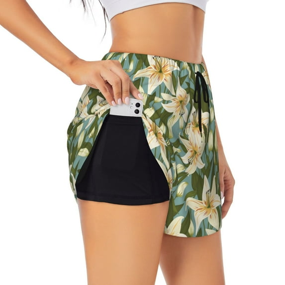 Fuzoiu Lilies Flowers Print Women's Athletic Shorts, Double-Layer Running Shorts with Pocket,Women's Workout Shorts for Yoga, Gym, and Workouts-Large
