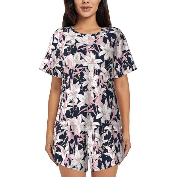Fuzoiu Lilies Flowers Print Women's Short-Sleeved Pajama Set,Lounge Sleepwear Set,Womens Pajama Sets 2 Piece,Button-Up Top and Shorts with Pockets-Large