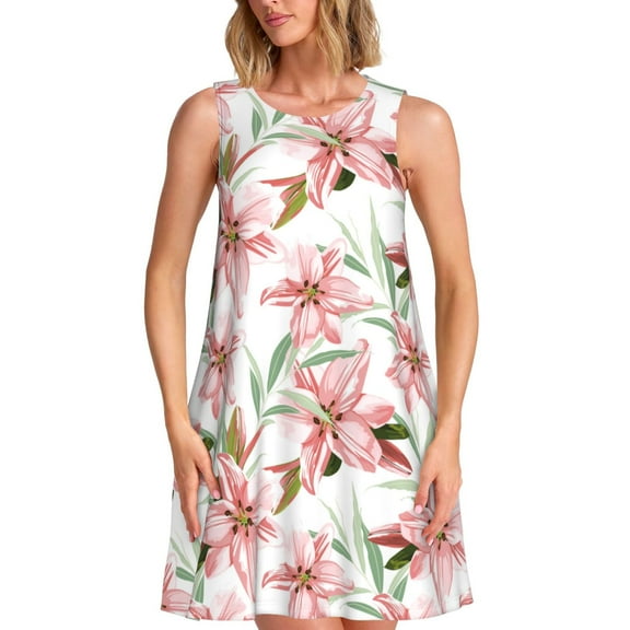Fuzoiu Lilies Flowers Print Women's Sleeveless Dress,Summer Dresses for Women,Casual Sundresses,Beach Sleeveless T-shirt Swing Dress with Pockets
