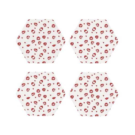 Fuzoiu Lips Kiss Print Leather Coasters Set,Drink Coasters Set of 4,for Tabletop Protection, Durable PVC Coasters,Home Décor and Housewarming Gift-Hexagon