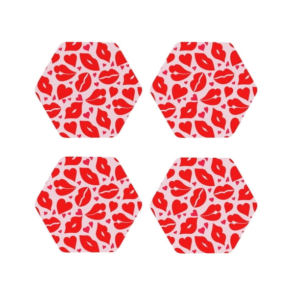 Fuzoiu Lips Kiss Print Leather Coasters Set,Drink Coasters Set of 4,for Tabletop Protection, Durable PVC Coasters,Home Décor and Housewarming Gift-Hexagon