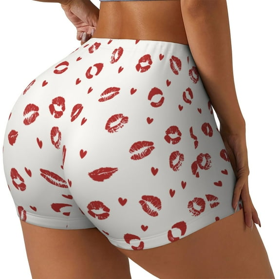 Fuzoiu Lips Kiss Print Women's Workout Shorts,Workout Biker Shorts Women,Exercise Fitness Shorts,Scrunch Short, Athletic Shorts for Gym Yoga Running Sport Active-Large