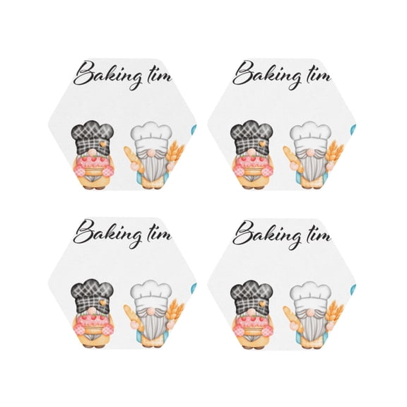 Fuzoiu Little Chef Gnome Print Leather Coasters Set,Drink Coasters Set of 4,for Tabletop Protection, Durable PVC Coasters,Home Décor and Housewarming Gift-Hexagon