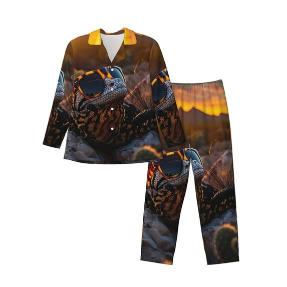 Fuzoiu Lizard With Sunglasses Sunset Print Men's Long-Sleeved Pajama,Lounge Button Down Nightwear,Mens Notch Collar Pajama Set -Medium