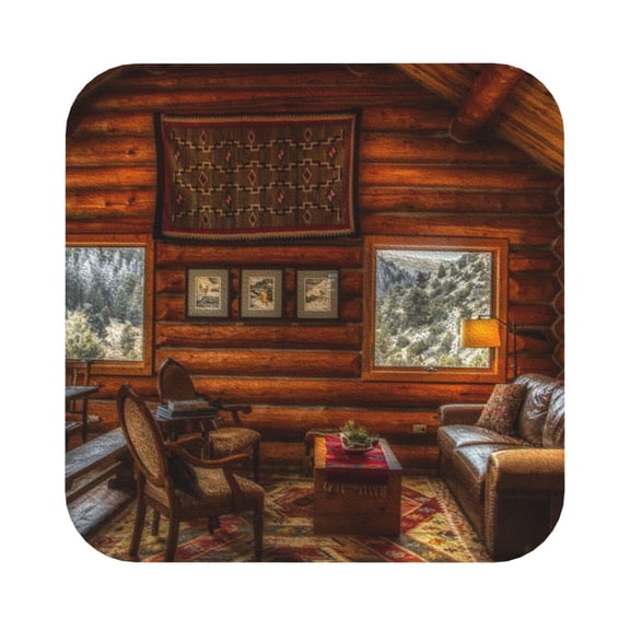 Fuzoiu Log Cabin Inside Print Leather Coasters Set,Drink Coasters Set of 6,for Tabletop Protection, Durable PVC Coasters,Home Décor and Housewarming Gift,Square