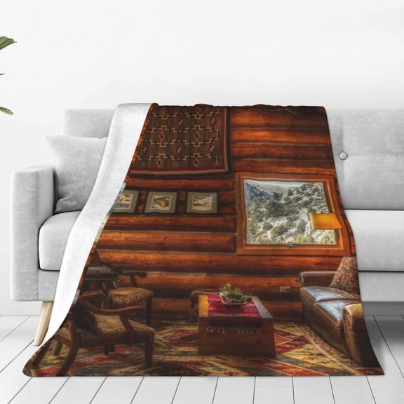 Fuzoiu Log Cabin Inside Print Ultra-Soft Micro Fleece Blanket,All Seasons Flannel Throw, Lightweight Blanket for Bed, Sofa, Couch, Movie Night, Camping, and Travel-50"x40"
