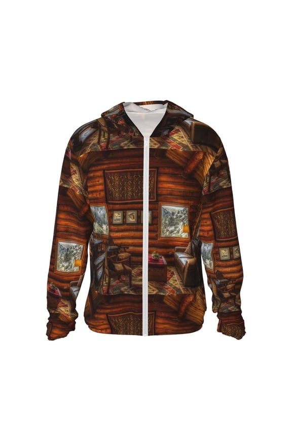 Log Cabin Inside Print Unisex Sun Protection Hoodie,UPF 50+ Light Jacket,Full Zip Sun Protection Hoodie,Long Sleeve Sun Shirts,for Outdoor Activities-3X-Large