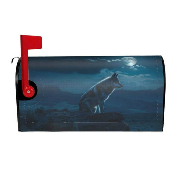 Fuzoiu Lonely Night Wolf Print Decorative Waterproof Mailbox Cover,Welcome Magnetic Mailbox Cover, Post Letter Box Wrap Cover for Outdoor Decor -25.5x21 in