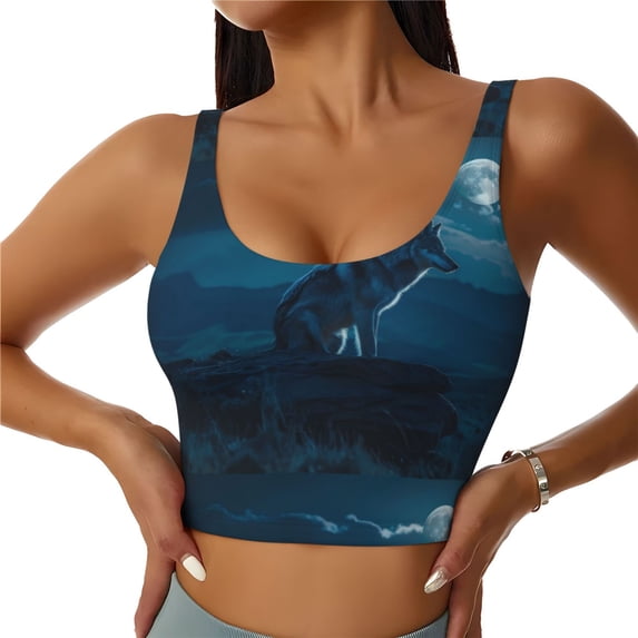 Fuzoiu Lonely Night Wolf Print Women's Sports Vest,U-Back Sports Tank,Gym Vests,Athletic Sleeveless Shirts,Exercise Undershirts,Yoga, Gym, and Dance Wear-XX-Large