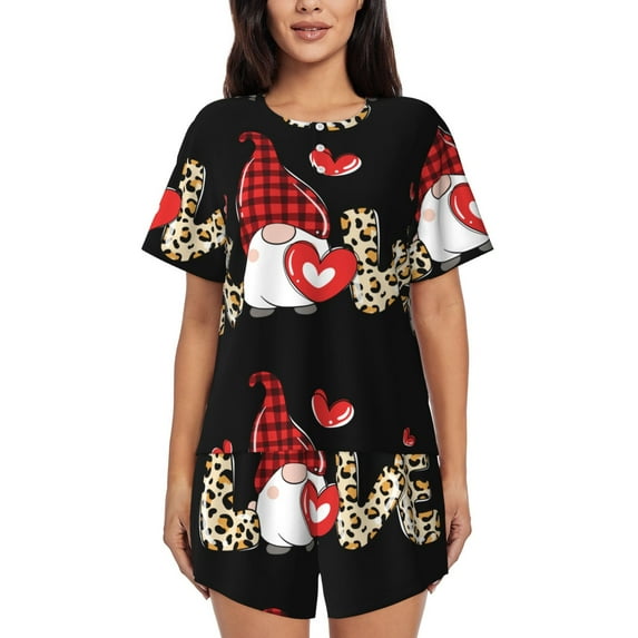 Fuzoiu Love Gnomes Print Women's Short-Sleeved Pajama Set,Lounge Sleepwear Set,Womens Pajama Sets 2 Piece,Button-Up Top and Shorts with Pockets-X-Large